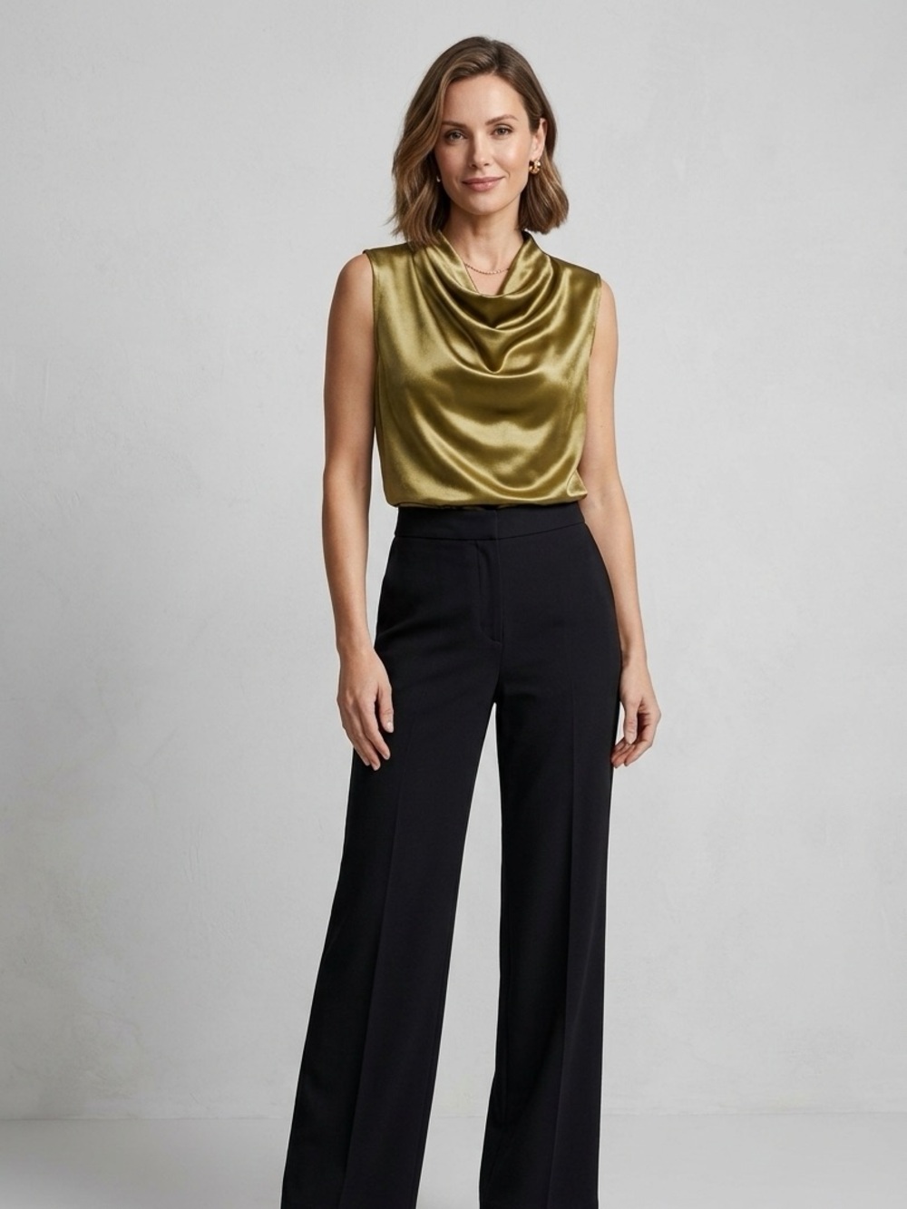 Abercrombie & Fitch Velvet Cowl Neck Top in Olive Green